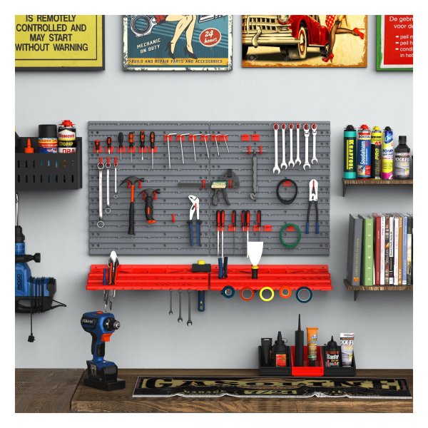 Gereedschapshouder - TopTools - Wandplank opbergdozen – Haakset - Grijs/Rood
