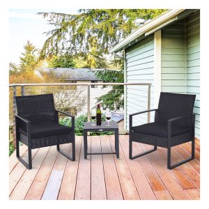 Tuinset - Poly Rattan - voor 2 personen - zwarte kussens - zwart