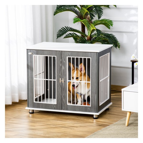 Hondenkennel - LuxePaws - Houten transportbox - Bijzettafel - Grijs&wit