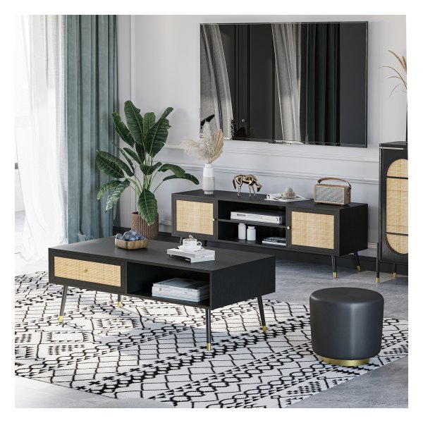 Televisiemeubel - Luxor - Rotan-look – Kabelopening - zwart