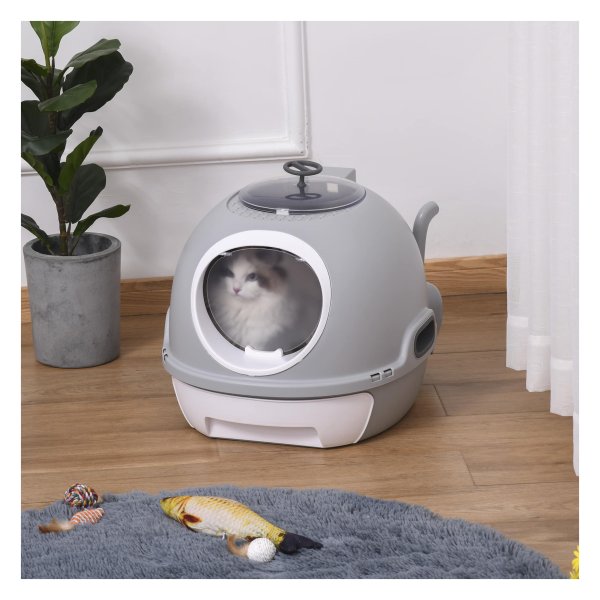 Kattenbak - HappyCat - Met overkapping - Draagbaar - Grijs
