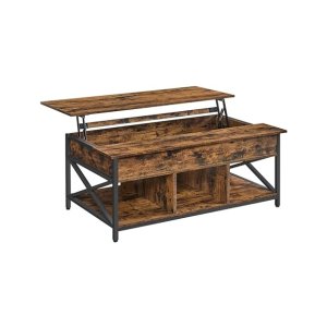 Salontafel, in hoogte verstelbare woonkamer tafel, salontafel, open en verborgen opslagruimte, X-rods, 60 x 120 x (48-62) cm, vintage bruin-zwarte