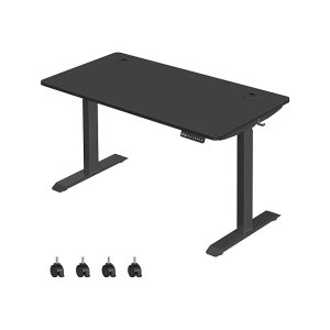 In hoogte verstelbaar bureau elektrisch, 70 x 140 cm tafeloppervlak, dubbele motor, traploos verstelbaar, geheugenfunctie met 4 hoogtes, oprijbescherming, zwart