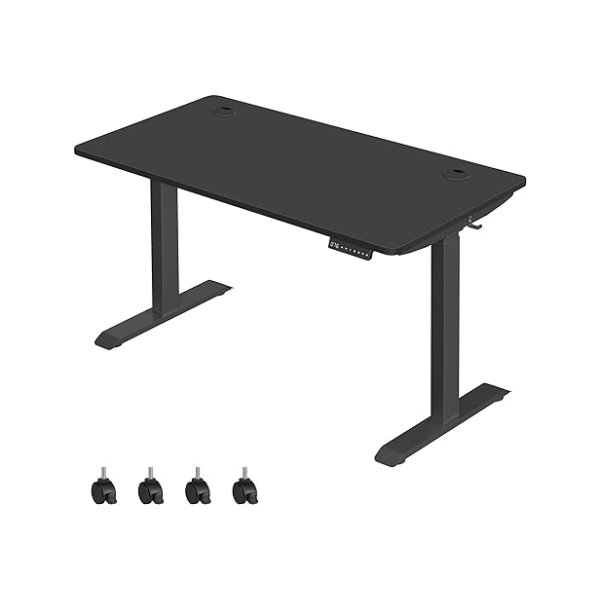 In hoogte verstelbaar bureau elektrisch, 70 x 140 cm tafeloppervlak, dubbele motor, traploos verstelbaar, geheugenfunctie met 4 hoogtes, oprijbescherming, zwart