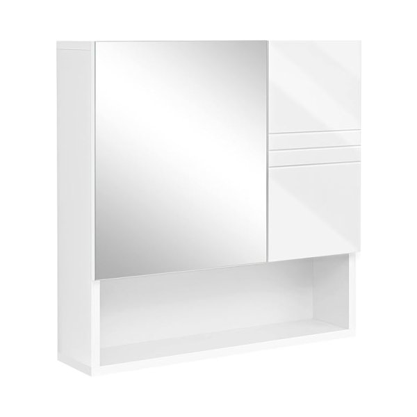 Spiegelkast, wandkast, badkamerkast met in hoogte verstelbare planken, deur en bovenplaat met hoogglans oppervlak, badkamer, 54 x 15 x 55 cm, wit