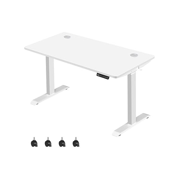 In hoogte verstelbaar bureau elektrisch, 70 x 140 cm tafeloppervlak, dubbele motor, traploos verstelbaar, geheugenfunctie met 4 hoogtes, oprijbeveiliging, wit