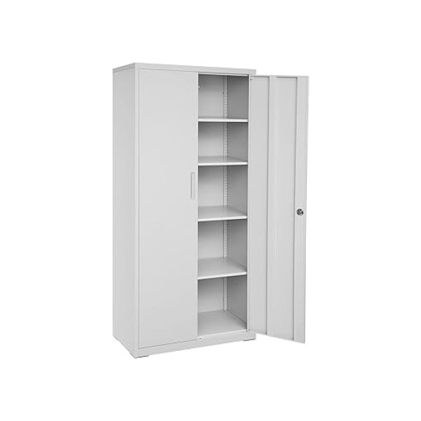 Aktetas, multifunctionele kast, stalen opbergkast, 5 niveaus, dubbele deuren, slot, gereedschapskast, verstelbare planken, voor garage, werkkamer, woonkamer, grijs OMC015G01
