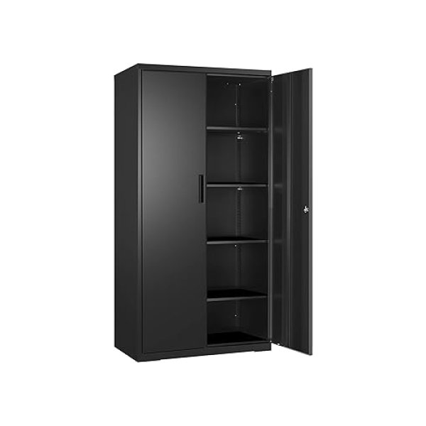 Archiefkast, multifunctionele kast, stalen opbergkast, 5 niveaus, dubbele deuren, slot, gereedschapskast, verstelbare planken, voor garage, werkkamer, woonkamer, zwart