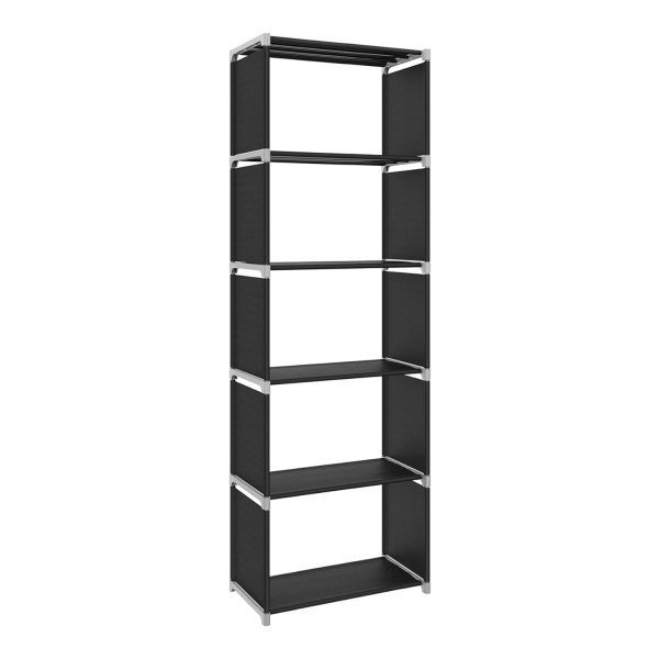Opslagplank, 5-laags boekenkast, kledingorganisator, elke plank bevat 5 kg, 50 x 30 x 180 cm, voor woonkamer, slaapkamer, kast, zwarte LSN15H