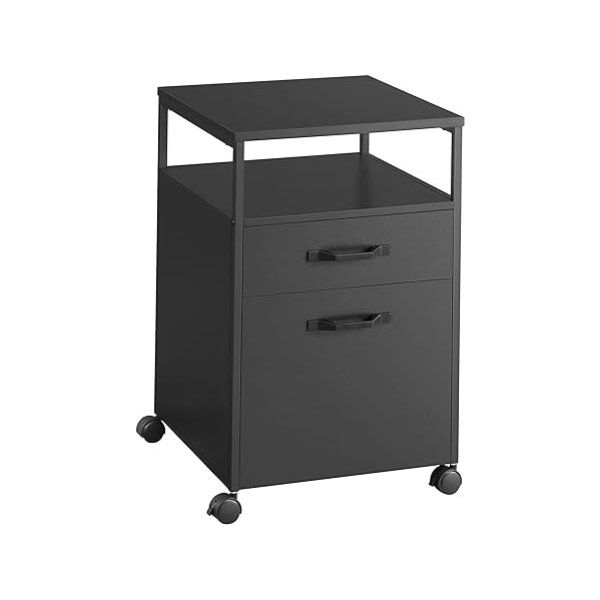 Mobiele kast met wielen, 2 laden, open plank, voor A4, lettergrootte, hangende bestandsmappen, 44 x 42 x 66,5, zwart