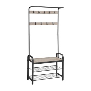 Bekijkrek, kaprek, schoenrek met stoel, wasrek met 9 verwijderbare haken, bank, 2 maasbodems, 183 cm hoog, industrieel ontwerp, grijszwart