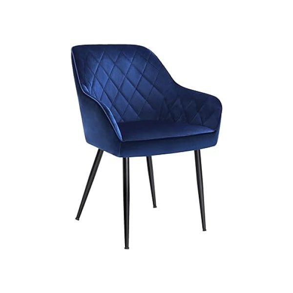 Eetkamerstoel, gestoffeerde stoel met armleuningen, stoelbreedte 49 cm, metalen benen, fluwelen deksel, laadcapaciteit 110 kg, woonkamer, studie, blauwe