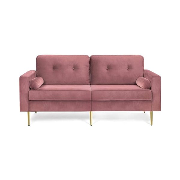 3-zits bank, bank voor woonkamer, fluwelen overtrek, voor woningen, kleine ruimte, houten frame, metalen poten, eenvoudige montage, modern design, 183 x 78 x 88 cm, roze LCS001P01