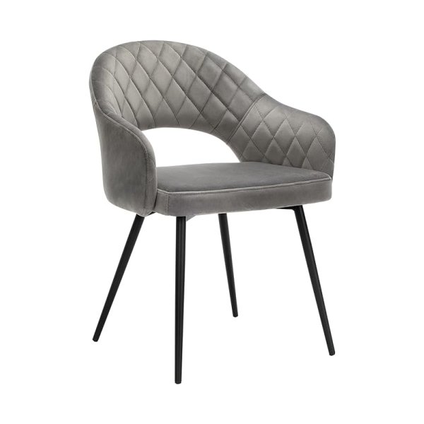 Eetkamerstoel fluweel, moderne keukenstoel, gestoffeerde fluwelen stoel met armleuningen, metalen poten, elegant design, eetkamer, woonkamer, slaapkamer, keuken, grijs