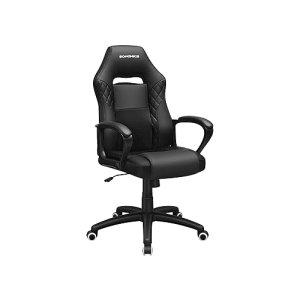 Gamingstoel, bureaustoel met rockerfunctie, racestoel, ergonomische S-vormige rugleuning, goed voor de lumbale wervelkolom, tot 150 kg laadcapaciteit, faux leer, zwarte