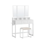 Make -uptafel met gestoffeerde, kaptafel met drievoudige spiegel, 3 laden, haardrogerhouder, cosmetische tafel, moderne stijl, wit, RVT004W14