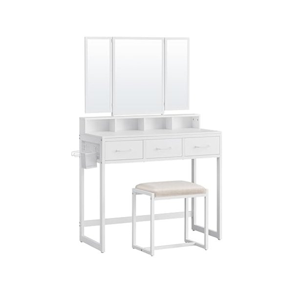 Make -uptafel met gestoffeerde, kaptafel met drievoudige spiegel, 3 laden, haardrogerhouder, cosmetische tafel, moderne stijl, wit, RVT004W14
