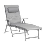 Sun Lounger, vouwlounder met 6 cm dikke matras, verwijderbaar kussen, gemaakt van roestvrij aluminium, ademend, comfortabel, verstelbaar, maximale belasting 150 kg, grijze