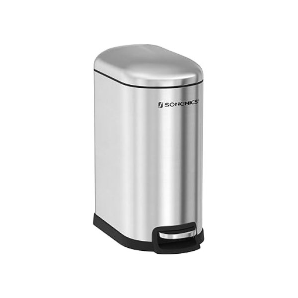 Slim afval bin, 10L pedaalbak, staal, verwijderbare binnenste emmer, langzame sluiting, voor smalle ruimte, zilver