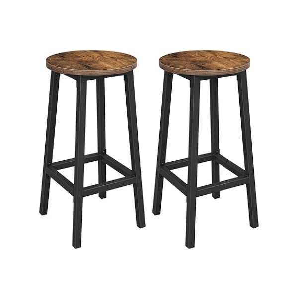 Barkruk, set van 2 barstoelen, keukenstoelen met stevig stalen frame, hoogte 65 cm, rond, gemakkelijk te monteren, industriële stijl, vintage bruin-zwarte LBC32X
