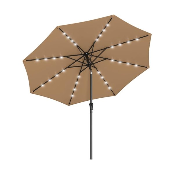 3 m tuin parasol paraplu met op zonne-energie aangedreven LED-verlichting, zonneschadiging met UPF 50 plus bescherming, kantel, crank hendel voor het openen van sluiting, niet inbegrepen basis, taupe