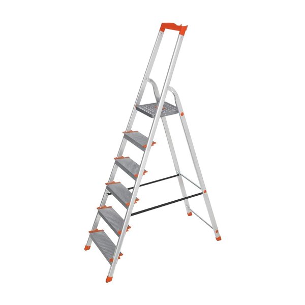 Ladder 6 treden, trapladder, aluminium ladder, 12 cm brede treden, gereedschapsschaal, antislip, tot 150 kg belastbaar, TÜV Rheinland GS-certificaat, voldoet aan EN131, grijs-oranje