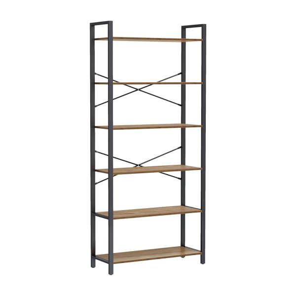 Boekenkast 6 niveaus, staand rek met stalen frame, vrijstaand rek voor woonkamer, slaapkamer, werkkamer, 30 x 80 x 186 cm, industrieel design, donkerwalnoot-zwart LLS082B48