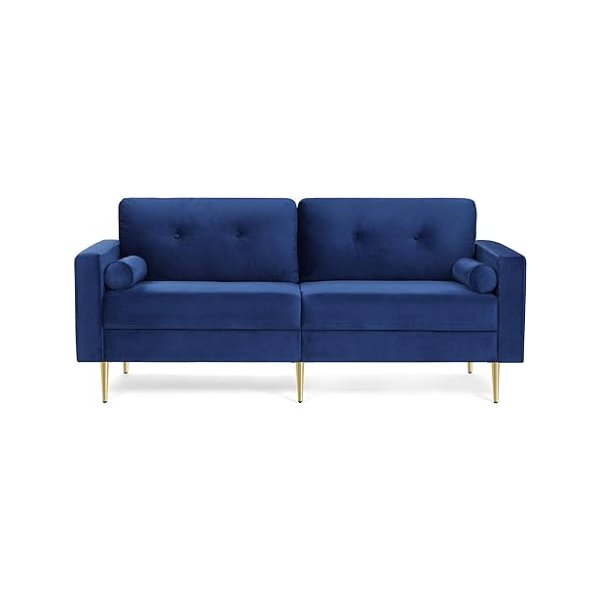 3-zits bank, bank voor woonkamer, fluwelen overtrek, voor woningen, kleine ruimte, houten frame, metalen poten, eenvoudige montage, modern design, 183 x 78 x 88 cm, blauw