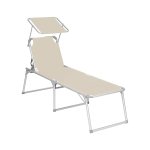 Sun Lounger, groot zonnebank, zonnestond, 65 x 200 x 48 cm, maximale belasting 150 kg, met rugleuning en parasol, opvouwbaar, voor tuin, balkon, patio, beige