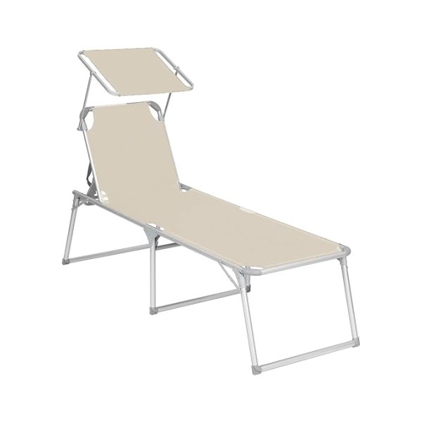 Sun Lounger, groot zonnebank, zonnestond, 65 x 200 x 48 cm, maximale belasting 150 kg, met rugleuning en parasol, opvouwbaar, voor tuin, balkon, patio, beige