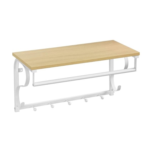 Wandkast met 5 haken en plank industrieel design haaklijm met hangende staaf voor gang, slaapkamer, badkamer en woonkamer, eiken kleur wit