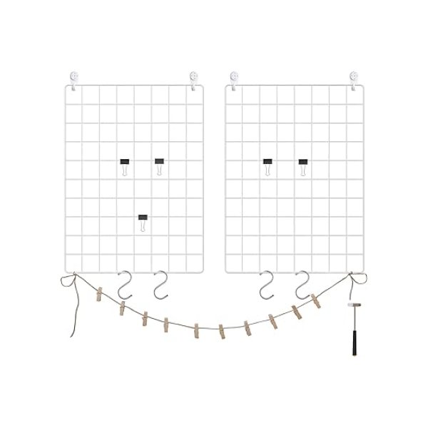 Set van 2 ijzeren roosters, mesh-fotomuur, wanddecoratie, doe-het-zelfdecoratie, multifunctionele hangende fotowand, wandroosters, roosterwand met S-haken, clips en hennepkoord, witte