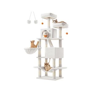 Krabpaal groot, 168 cm hoog, L kattenboom, met 13 krabzuilen, 2 platforms, 2 holletjes, mand, hangmat, pluche ballen, meerlaagse kattenkrabpaal, crèmewit