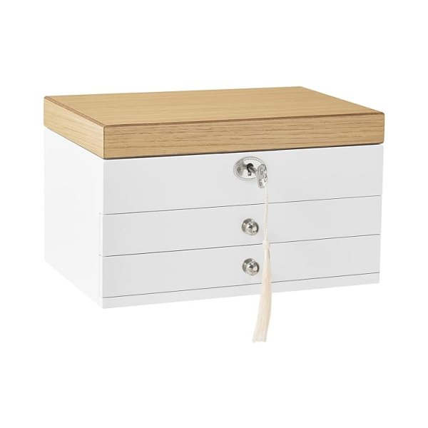 Sieradendoos, 3 -laags sieradendoos, houten sieradendoos, sieradendoos, sieradendoos, met laden, voor ringen, oorbellen, armbanden en kettingen, witte
