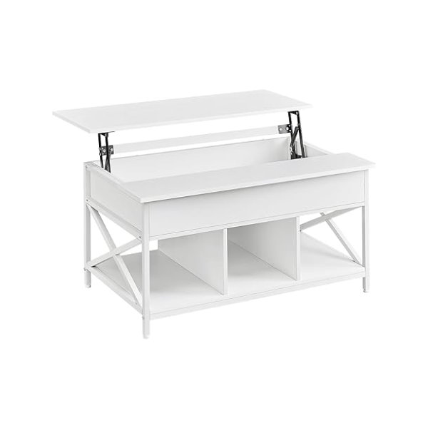Salontafel, woonkamer tafel met vouwbak, met open opbergruimte en verborgen compartiment, X-vormige staven, 60 x 100 x (48-62) cm, sneeuwwit en witte LCT205W46