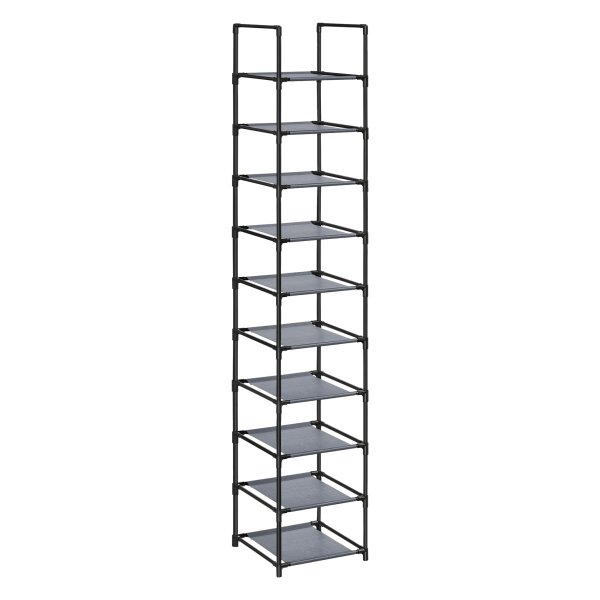 Schoenenrek, 10 niveaus, schoenenrek, schoenhouder, smalle 33 x 33 x 173 cm, metalen frame, niet-geweven stofplanken voor gang, slaapkamer, grijs