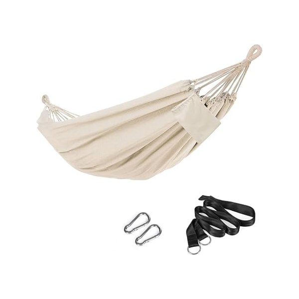 Hangmat voor 2 personen, 210 x 150 cm, maximale belasting 300 kg, voor patio, balkon, tuin, buiten, met transporttas, bevestigingsbanden en karabijnhaak inbegrepen, beige GDC15M