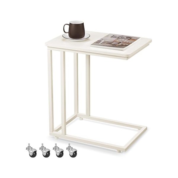 Salontafel, salontafel, salontafel, stalen frame en wielen, gemakkelijke montage, modern, voor woonkamer, slaapkamer, balkon, romig wit