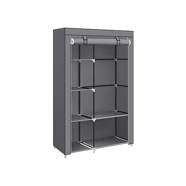 Garderobe met 1 kledingrail, 6 planken, niet-geweven stof, metalen frame, 45 x 105 x 168 cm, voor slaapkamer, gang, grijze ryg085G02