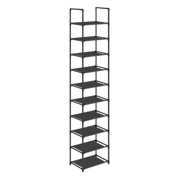 Schoenenrek, 10 niveaus, schoenenrek, schoenenhouder, smal 33 x 33 x 173 cm, metalen frame, niet-geweven stofplanken voor gang, slaapkamer, zwarte LSR110B02