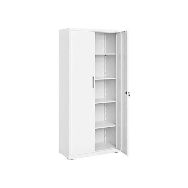 Archiefkast, multifunctionele kast, stalen opbergkast, 5 niveaus, dubbele deuren, slot, gereedschapskast, verstelbare planken, voor garage, werkkamer, woonkamer, grijs-wit