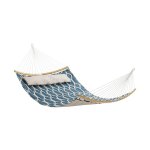 Hangmat, gewatteerde stofhangmat met verwijderbare gebogen bamboespreiders, kussen, 200 x 140 cm, laadvermogen 225 kg, blauw en beige controleer GDC034I02
