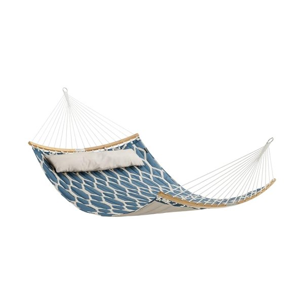 Hangmat, gewatteerde stofhangmat met verwijderbare gebogen bamboespreiders, kussen, 200 x 140 cm, laadvermogen 225 kg, blauw en beige controleer GDC034I02