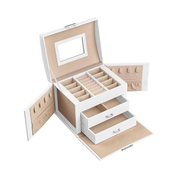 Sieradendoosje 3 niveaus, sieradendoos met handvat, 2 laden, sieradendoos met spiegel, slot, sieradenopslag voor reizen, modern, cadeau-idee, klassiek wit