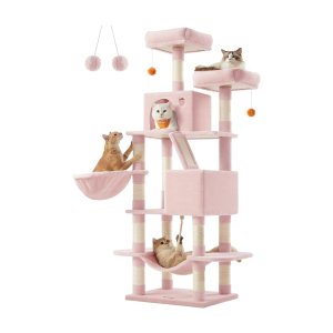 Krabpaal groot, 168 cm hoog, L kattenboom, met 13 krabzuilen, 2 platforms, 2 holletjes, mand, hangmat, pluche ballen, meerlaagse kattenkrabpaal, pastelroze