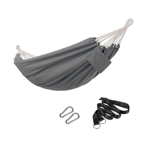 Hangmat 210 x 150 cm Dubbele hangmat 300 kg Laadcapaciteit voor patio, balkon, tuin, buiten, camping, met draagtas, bevestigingsbanden en karabijnhaken, grijze