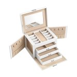 Sieradendoosje met 4 niveaus, sieradendoos met handvat, 3 laden, sieradendoosje met spiegel, slot, sieradenopslag voor reizen, modern, cadeau-idee, klassiek wit JBC159W01