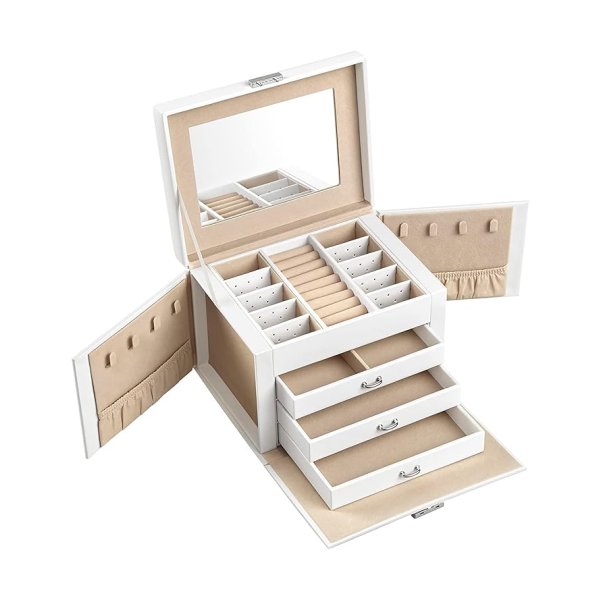 Sieradendoosje met 4 niveaus, sieradendoos met handvat, 3 laden, sieradendoosje met spiegel, slot, sieradenopslag voor reizen, modern, cadeau-idee, klassiek wit JBC159W01