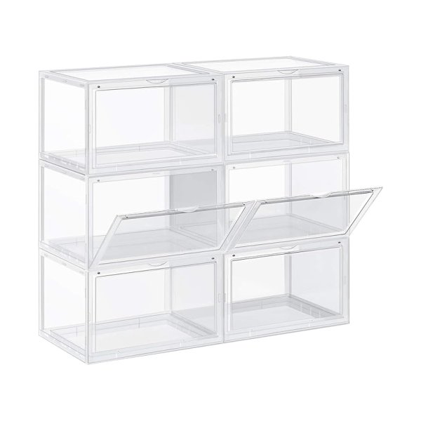 Schoenendozen, set van 6, stapelbare schoenorganisatoren, plastic dozen met transparante deur, schoenopslag, voor schoenen tot grootte 46, 36 x 28 x 22 cm, transparant LSP06CW