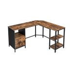 bureau L-vormige computerbureau met kast- en suspensiemapkast, 2 planken, 150 x 137 x 75 cm, vintage bruinzwarte LWD75X